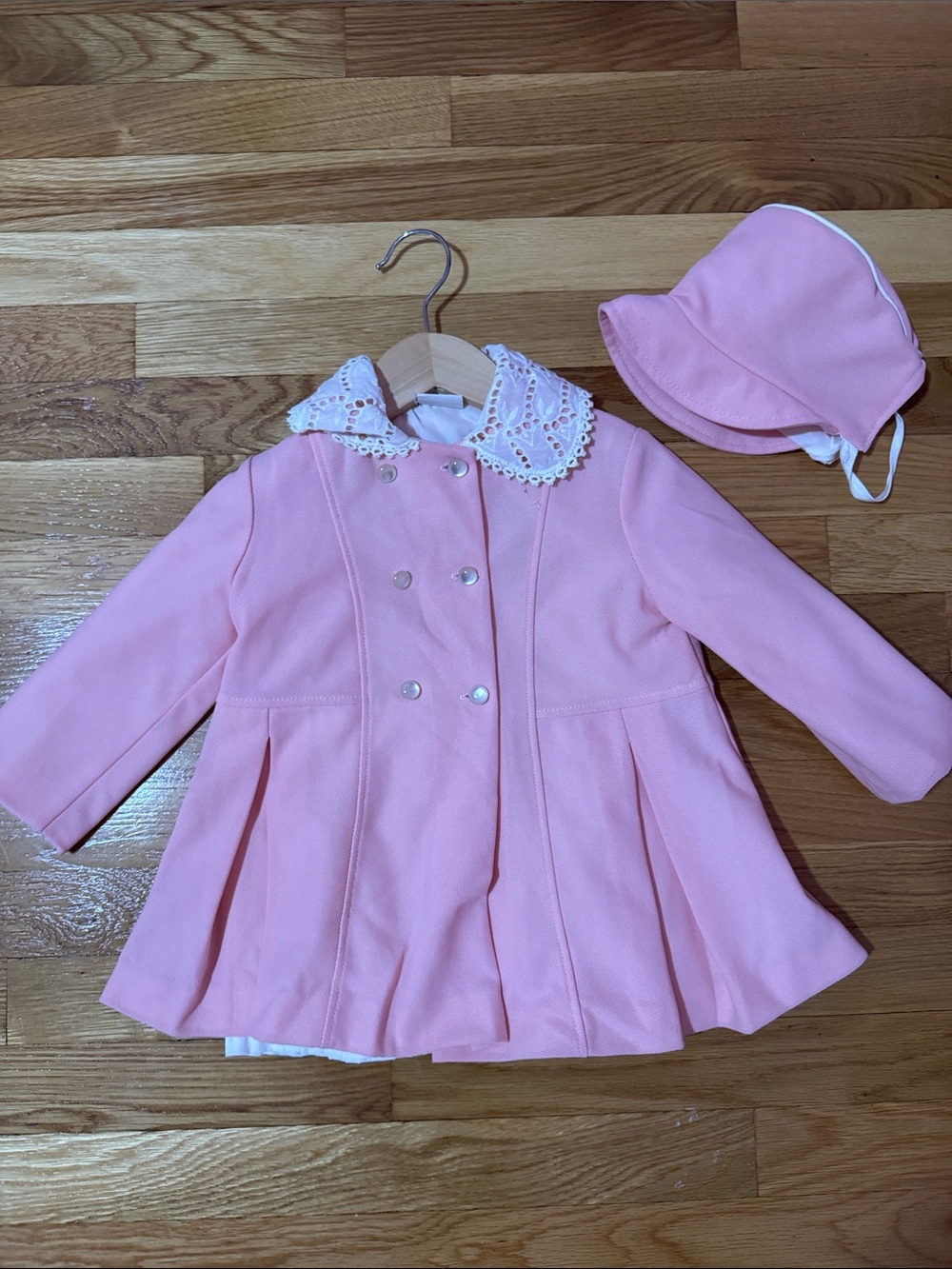 Vintage Girls' Pink Double-Breasted Coat with Lace Collar and Matching Hat